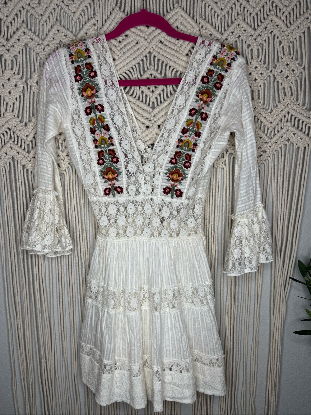 Free People Boho Lace Embroidered V-Neck Mini Dress - Festival size 2